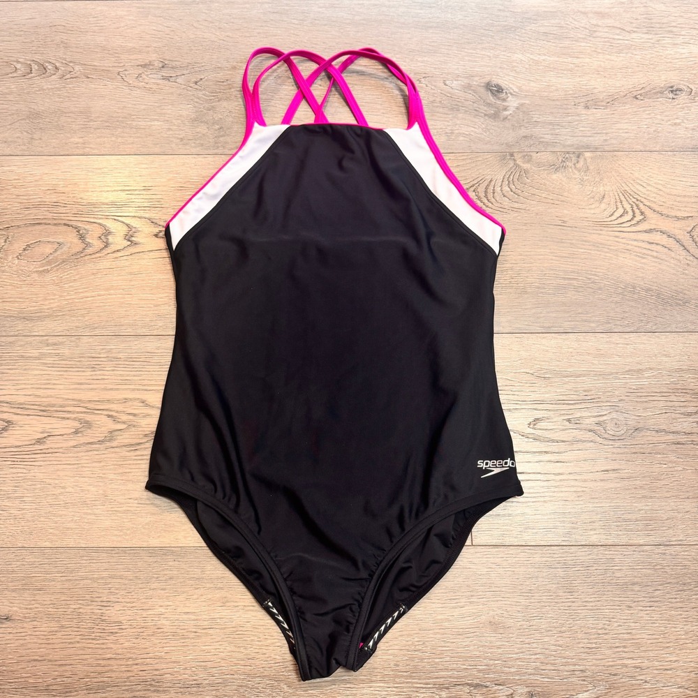 Speedo Girls Double‎ Crossback Splice One Piece Swim Suit Black Pink Size 16